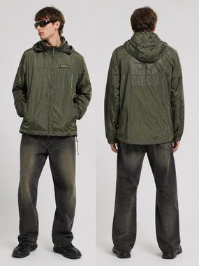 Diesel Parachute Tech Hooded Windbreaker Jacket Olive Green Size L